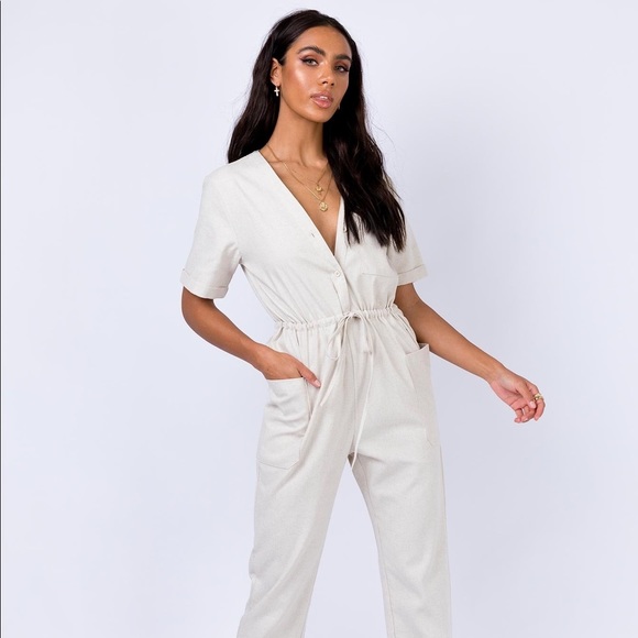 Princess Polly Pants - Princess Polly Beige Short Sleeve Jumpsuit